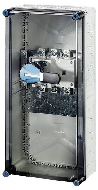 Schaltschrank mit transparentem Gehäuse und blauem Drehgriff für elektrische Steuerungen.