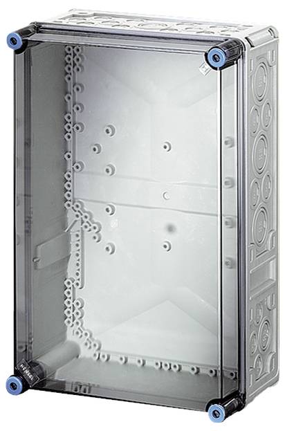Kunststoff-Gehäuse mit transparentem Deckel und blauen Schrauben in den Ecken. Enthält Schlitze und Löcher für Kabeldurchführungen.