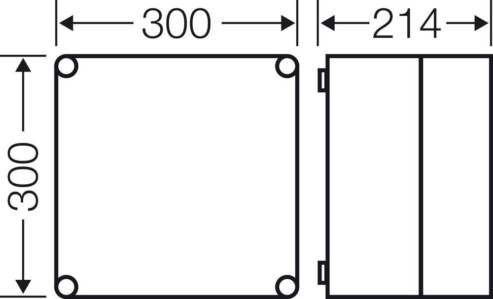 Zeichnung eines rechteckigen Kastens mit Maßen: 300 mm x 300 mm x 214 mm, Front- und Seitenansicht.