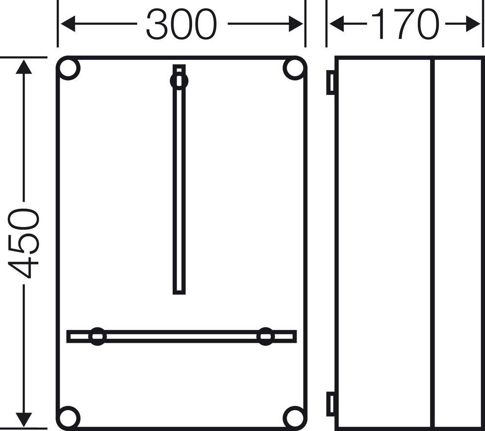 Technische Zeichnung einer rechteckigen Box mit Abmessungen: 300 mm Breite, 450 mm Höhe, 170 mm Tiefe. Zeigt Vorder- und Seitenansicht.