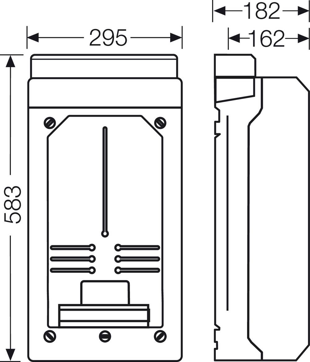 Ansicht und Maße eines rechteckigen technischen Geräts. Vorderansicht zeigt Details und Anschlüsse; Maße: 583mm hoch, 295mm breit.