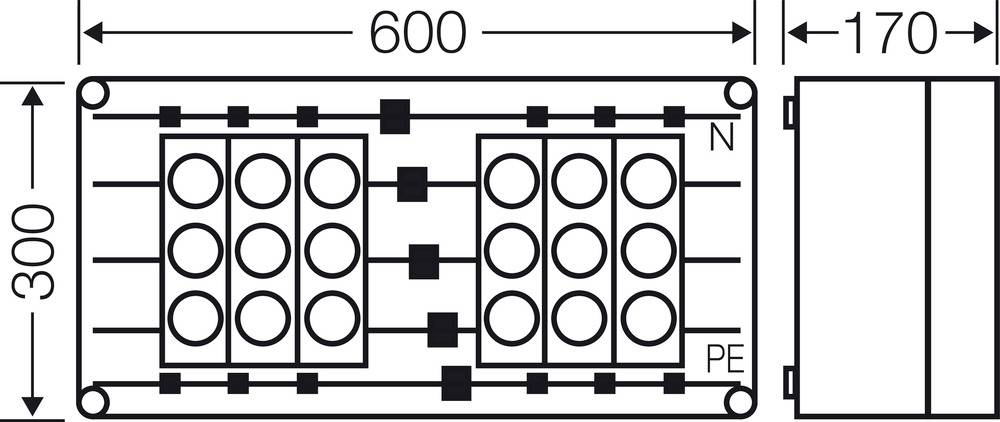 Technische Zeichnung eines rechteckigen Anschlusskastens mit Maßen: Breite 600 mm, Höhe 300 mm, Tiefe 170 mm. Markierungen für N und PE.
