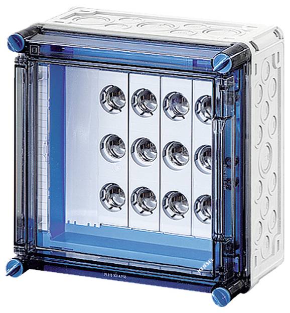 Elektrischer Anschlusskasten mit transparentem Gehäuse; mehrere Kabeldurchführungen sichtbar; Schutzart IP65.