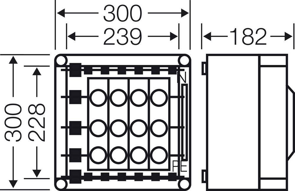 Technische Zeichnung eines rechteckigen Gehäuses mit den Maßen: 300 mm x 300 mm x 182 mm. Details der Innenstruktur sichtbar.