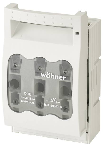 Elektrischer Sicherungsblock mit transparentem Deckel, markiert mit 'Wöhner', für eine Nennspannung von 690V AC, NH00 160A.