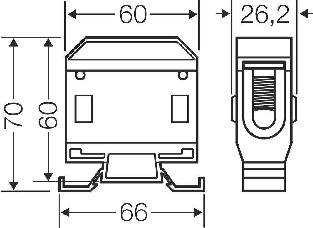 Technische Zeichnung eines rechteckigen Gehäuses mit Maßen: Breite 60 mm, Höhe 60-70 mm, Tiefe 26,2 mm, Basisbreite 66 mm.