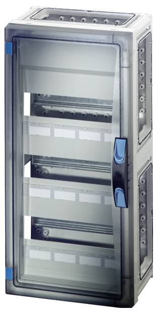 Ein leerer Schaltschrank mit transparentem Gehäuse, mehreren Montageplätzen und Türen mit Griff. Geeignet für elektrische Installationen.