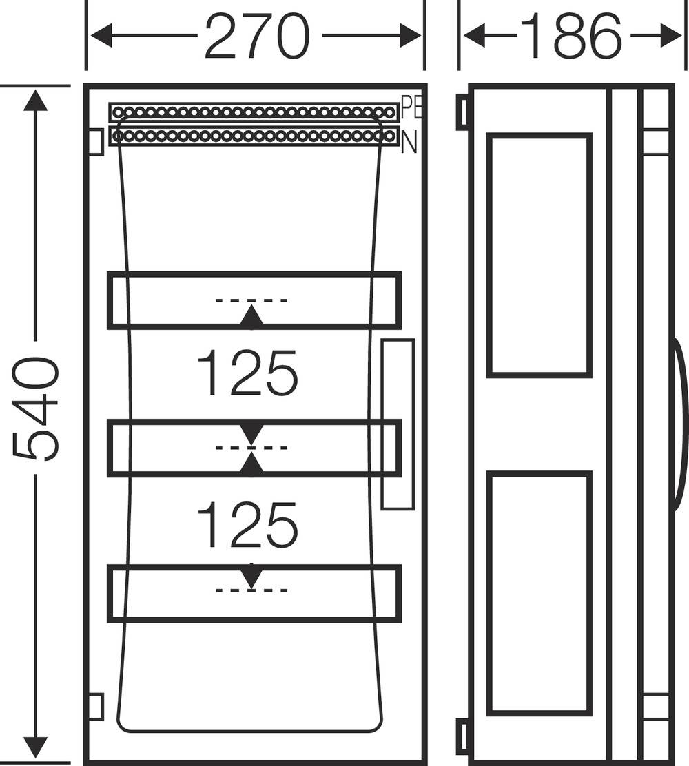 Technische Zeichnung eines Schaltschranks mit Abmessungen 270x186x540 mm. Beschriftet mit 125 mm Abständen und P.E.N. Markierungen.