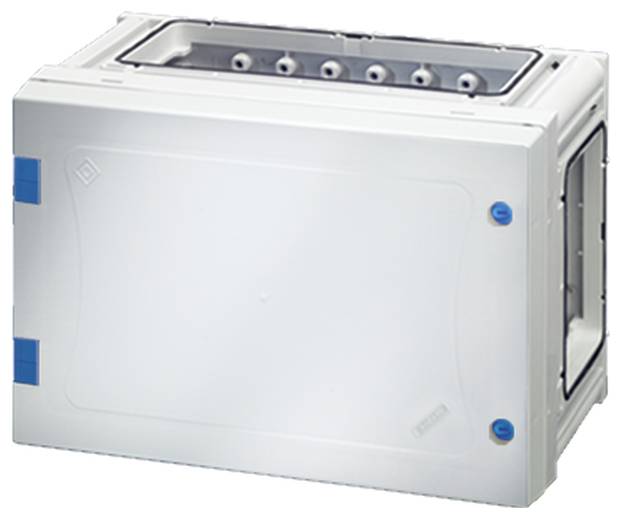 Der Kasten ist ein rechteckiges, weißes Modulgehäuse mit mehreren Öffnungen oben. Dient zur Installationsunterbringung, sichtbar robust und funktional.