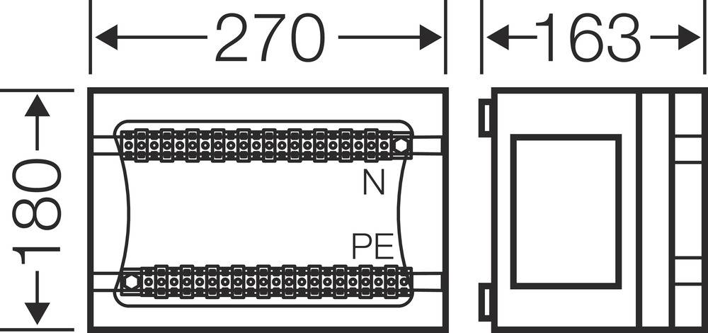 Elektrischer Schaltplan eines Steckverbinders mit Maßen: Breite 270 mm, Höhe 180 mm, sowie Seitenansicht von 163 mm. Markierungen 'N' und 'PE'.