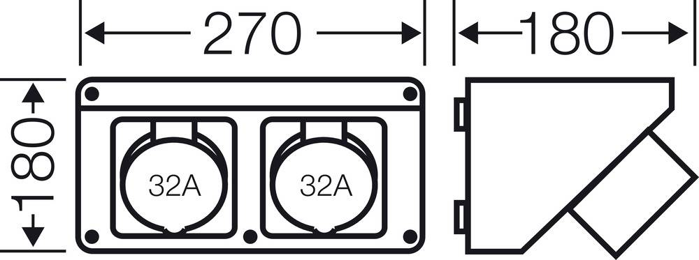 Technische Zeichnung eines Doppelsteckers mit den Maßen: Breite 270 mm, Höhe 180 mm. Beide Steckdosen sind mit '32A' gekennzeichnet.