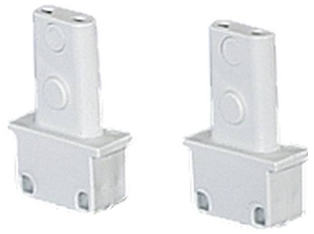 Zwei weiße, rechteckige Kunststoffstecker mit abgerundeten Ecken und kreisförmigen Markierungen auf jedem Stecker.