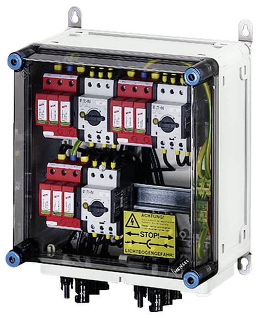 Elektrischer Verteilerkasten mit mehreren Sicherungen und Hinweis zum Schutz vor Lichtbogengefahr.
