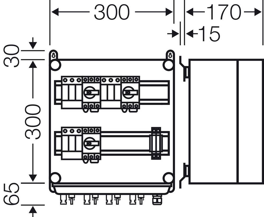 Strichzeichnung eines elektrischen Schaltschranklayouts mit Maßangaben in Millimetern: Breite 300 mm, Höhe 300 mm, Tiefe 65 mm.