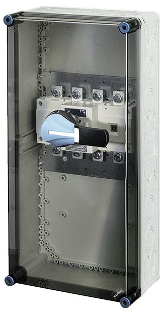 Elektrisches Schaltschrankgehäuse mit einem blauen Schaltergriff; geeignet für industrielle Elektroinstallationen.