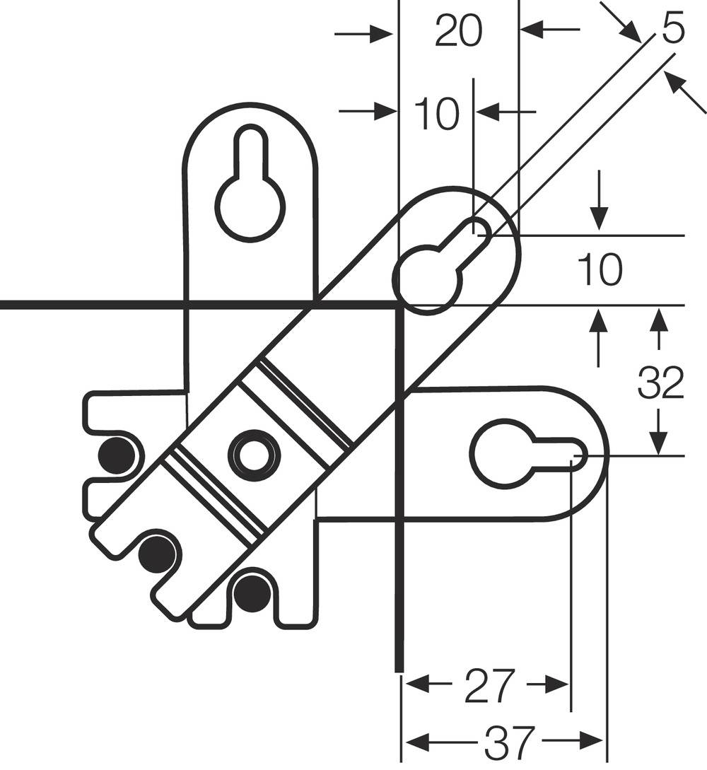 Technische Zeichnung eines Verbindungsstücks mit Maßangaben. Pfeile zeigen Messungen von 5 bis 37 mm an.