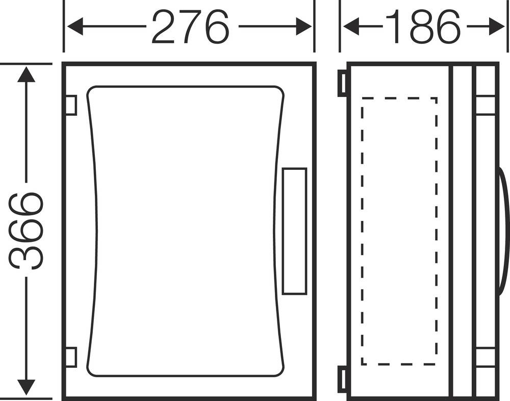Technische Zeichnung eines Scharniers: Breite 276 mm, Höhe 366 mm, Tiefe 186 mm. Zeigt Vorder- und Seitenansicht mit Maßen.