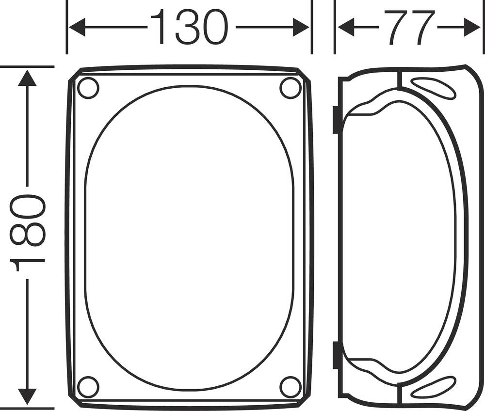 Technische Zeichnung eines rechteckigen Gehäuses mit Griff. Maße: Breite 130 mm, Tiefe 77 mm, Höhe 180 mm. Draufsicht und Seitenansicht.