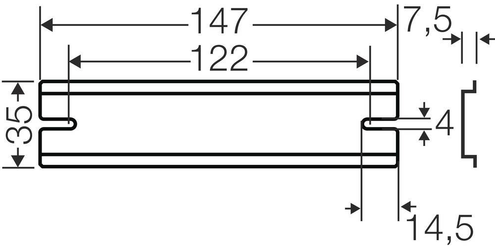 Technische Zeichnung eines rechteckigen Objekts mit Maßen: Breite 147 mm, Höhe 35 mm. Enthält Details zu inneren und äußeren Abmessungen.