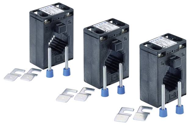 Drei schwarze elektronische Bauteile mit jeweils zwei Schrauben und Metallklammern, möglicherweise Sensoren oder ähnliche Geräte.