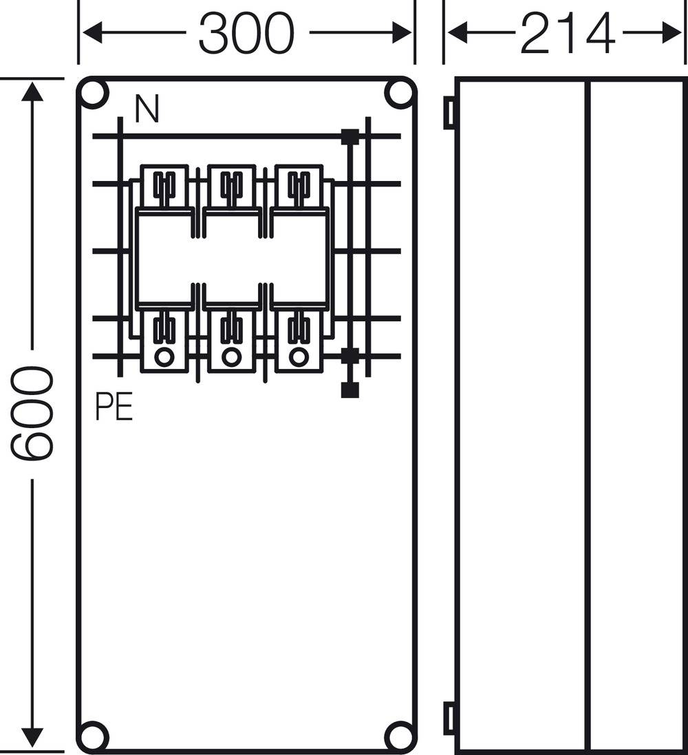 Abbildung eines elektrischen Schaltkastens mit den Maßen 300 x 600 x 214 mm. Er zeigt Anschlussstellen für N und PE im Inneren.