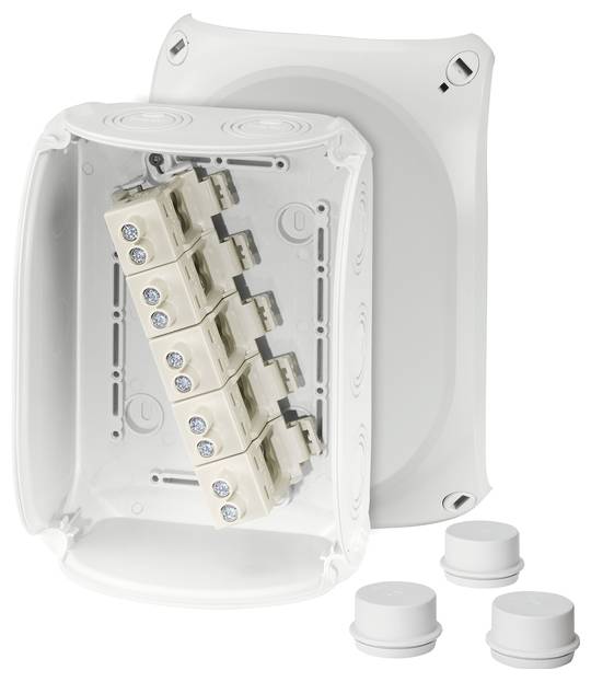 Kunststoff-Abzweigdose mit geöffneter Sicht auf mehrere innenliegende elektrische Klemmen. Drei separate Verschlusskappen vorne.