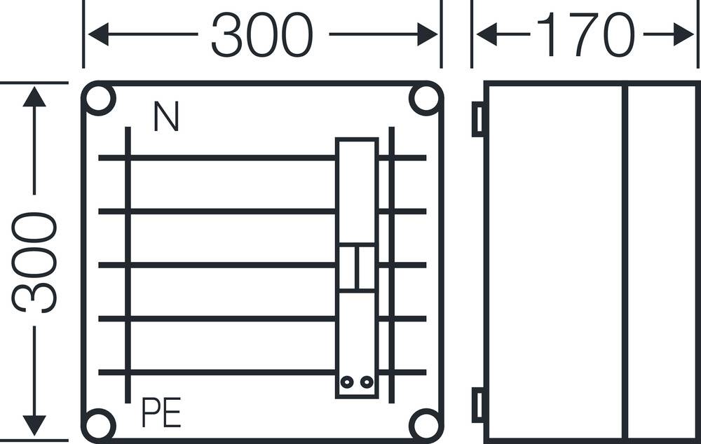 Skizze eines elektrischen Schaltkastens mit Abmessungen 300x300x170 mm. Zeigt N- und PE-Anschlüsse sowie eine Frontansicht mit Befestigungspunkten.