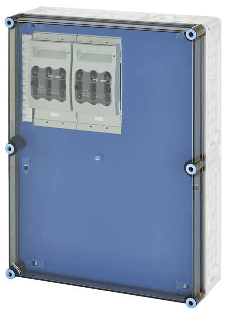 Elektrischer Verteilerkasten mit blauer Abdeckung, zwei Schutzschalter sichtbar. Gehäuse hat schwarze Befestigungselemente an den Ecken.