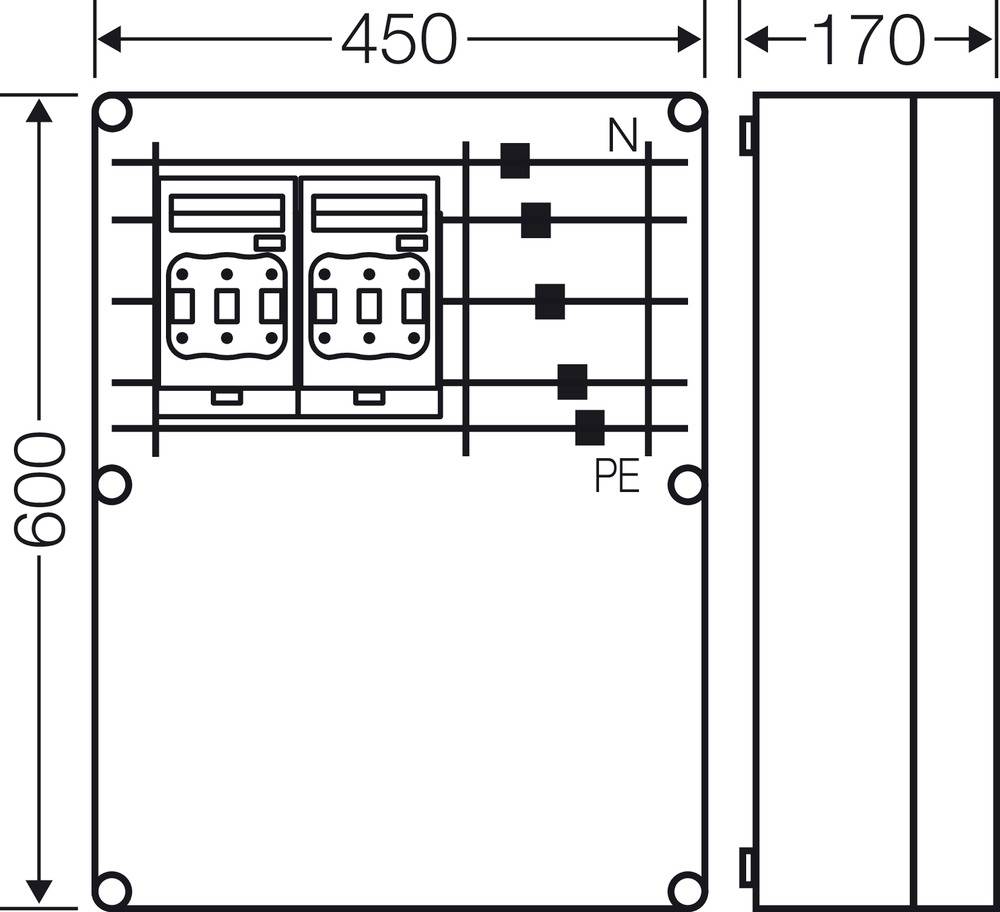 Diagramm eines rechteckigen elektrischen Schaltkastens mit Abmessungen: 450 mm Breite, 170 mm Tiefe, 600 mm Höhe; zwei Steckdosen und Anschlussklemmen für N und PE.