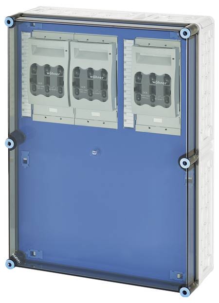 Elektrischer Schaltschrank mit transparentem Deckel, zeigt innenliegende Sicherungseinheiten. Gehäuse in Blau und Weiß.