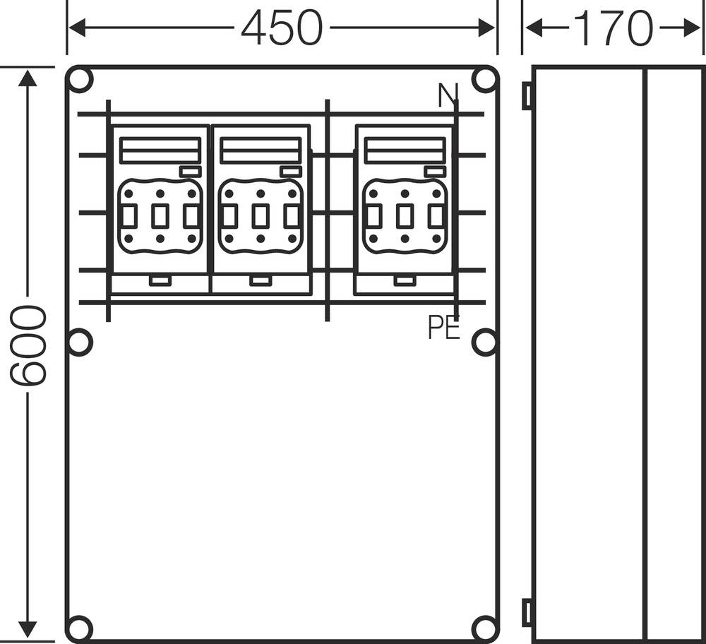 Zeichnung eines rechteckigen elektrischen Anschlusskastens. Maße: 450 mm Breite, 600 mm Höhe, 170 mm Tiefe. Enthält drei Steckdosen.