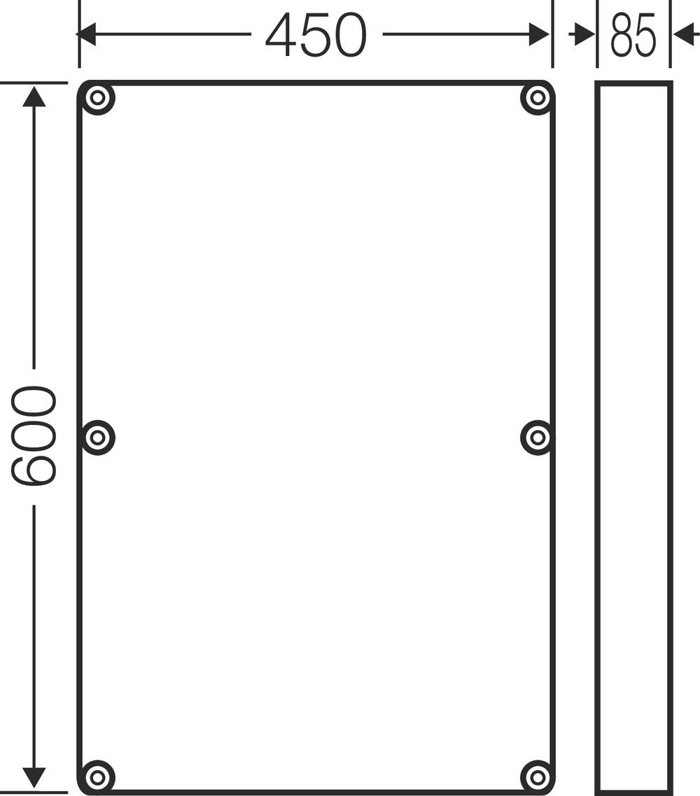 Technische Zeichnung zeigt rechteckiges Objekt mit den Maßen 450 mm Breite, 600 mm Höhe und 85 mm Tiefe.