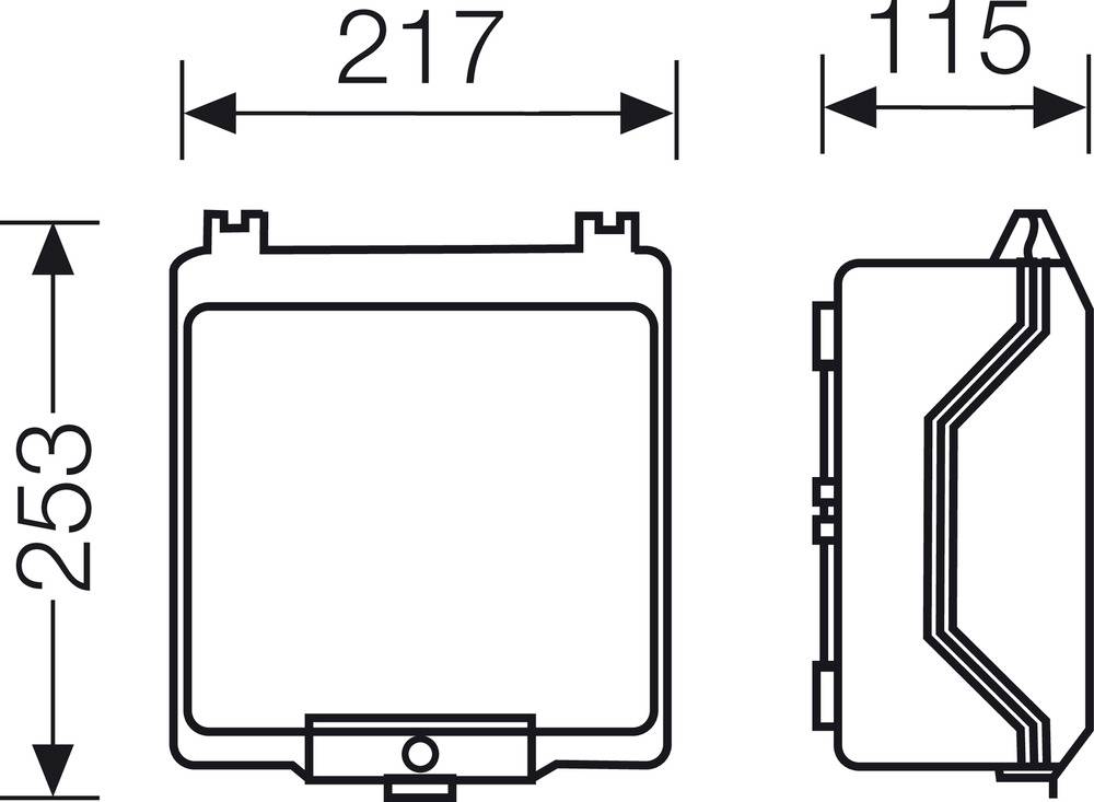 Technische Zeichnung eines rechteckigen Objekts mit den Maßen 217 mm Breite, 253 mm Höhe und 115 mm Tiefe.