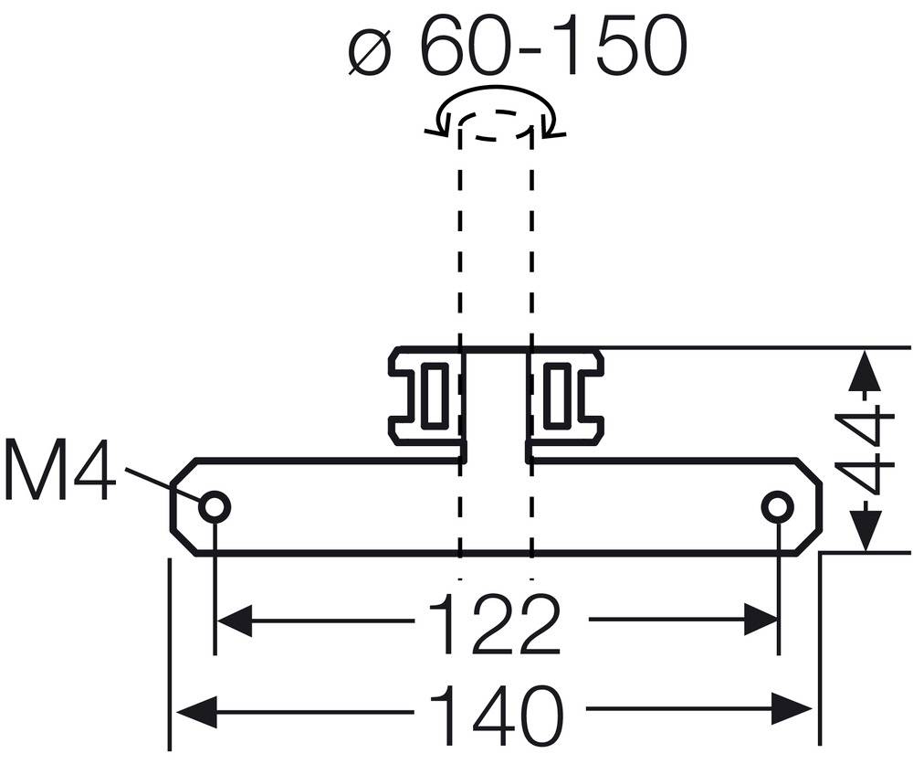 Technische Zeichnung eines Halters mit den Maßen: Durchmesser 60-150 mm, Höhe 44 mm. Breite 140 mm (innen 122 mm). Schraube M4.