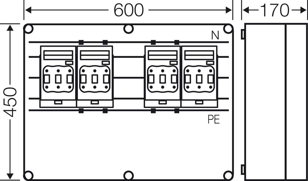 Schaltplan eines elektrischen Verteilers mit Maßen 600 x 450 x 170 mm, zeigt drei identische Stromkreise mit Neutralleiter (N) und Erdung (PE).