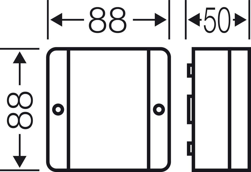 Technische Zeichnung eines rechteckigen Objekts mit den Maßen 88x88x50 mm. Sichtbar von oben und von der Seite.