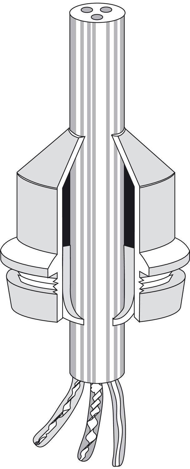 Schema eines Kabelanschlusses mit freigelegten Leitern und zwei Befestigungsklemmen, das verschiedene Drähte sichtbar darstellt.