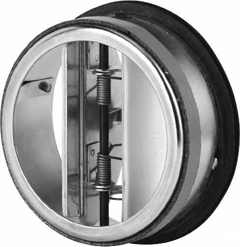 Runder Metall-Rückstauklappe für Lüftungssysteme, zeigt das Scharnier und Federmechanismus, um Luftfluss zu kontrollieren.