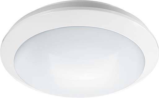 Ein runder, weißer Deckenstrahler mit einem opaken, weißen Diffusor, der gleichmäßiges Licht abgibt. Geeignet für Innenräume.