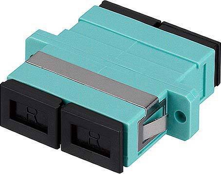 Ein türkisfarbener optischer Adapter mit zwei Steckplätzen, verwendet zur Verbindung von Glasfaserkabeln in Kommunikationsnetzen.