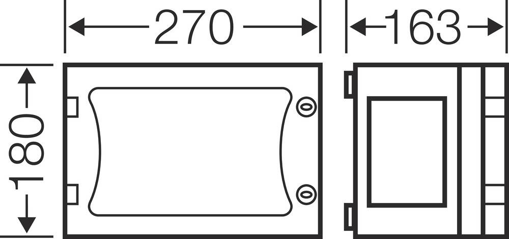 Technische Zeichnung eines rechteckigen Gerätes mit Maßen: Breite 270 mm, Höhe 180 mm, Tiefe 163 mm. Draufsicht und Seitenansicht.