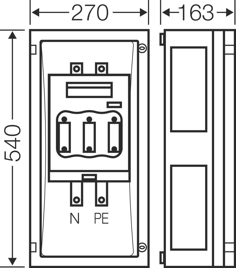 Zeichnung eines elektrischen Schaltkastens mit den Maßen: Höhe 540 mm, Breite 270 mm, Tiefe 163 mm. Beschriftet mit 'N' und 'PE'.