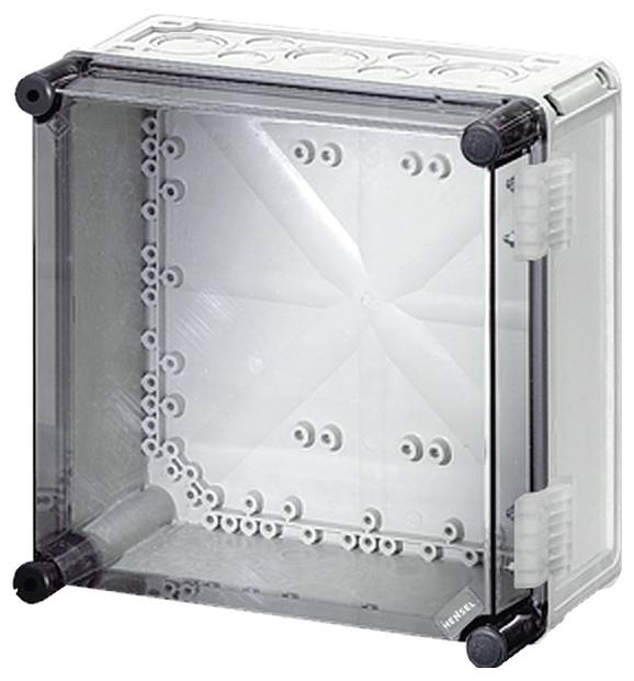 Transparente, quadratische Kunststoffbox mit Öffnung, mehreren Schraublöchern und abgerundeten Ecken, aufrechtstehend.