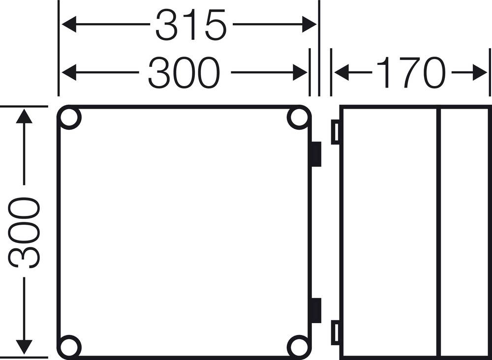 Technische Zeichnung eines rechteckigen Gehäuses mit den Maßen 300x315x170 mm. Zeigt Vorder- und Seitenansicht mit Maßangaben.