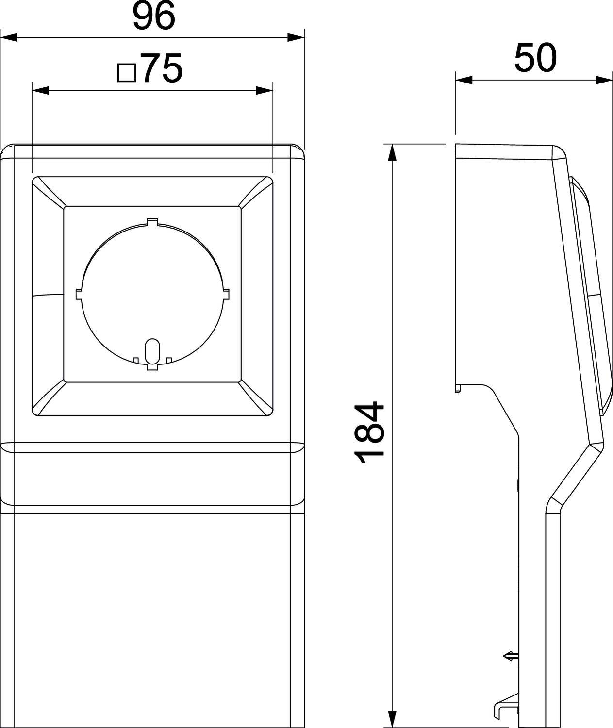 Technische Zeichnung eines Geräts mit Abmessungen: Breite 96, Tiefe 50, Höhe 184. Quadratischer Teil oben mit Maß 75. Seitenansicht enthalten.