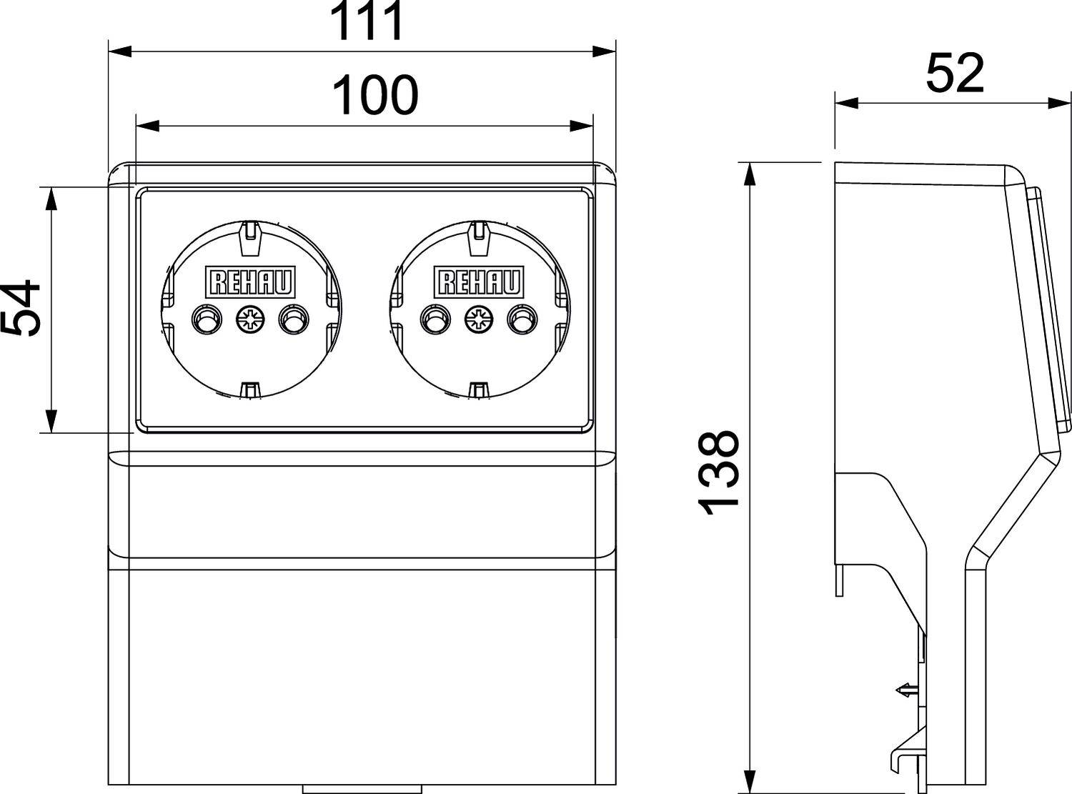 Technische Zeichnung einer Doppelsteckdose mit Maßen: Breite 100 mm, Höhe 138 mm, Tiefe 52 mm. Frontansicht mit Seitenansicht.