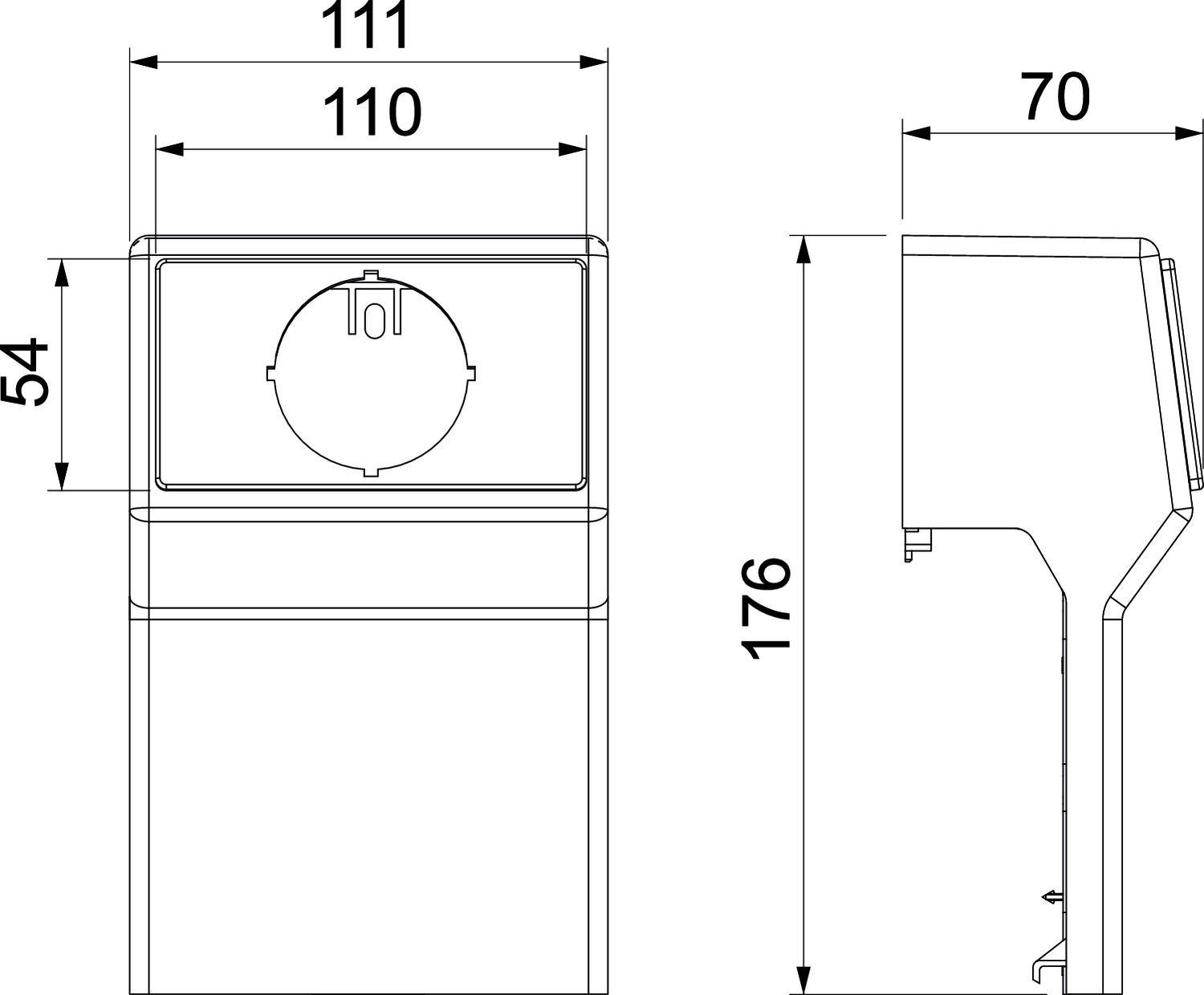 Technische Zeichnung eines rechteckigen Geräts mit Maßen: Breite 110 mm, Höhe 176 mm, Tiefe 70 mm. Vorder- und Seitenansicht.