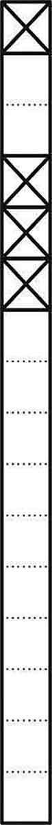 Vertikales Zeichen mit abwechselnd gestrichelten und durchgehenden Linien. Könnte Bau- oder Höhenmarkierungen darstellen.