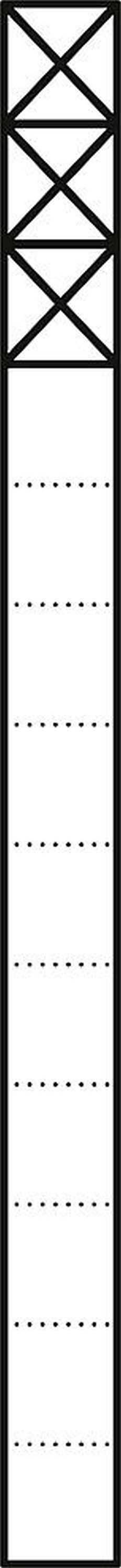 Bleistiftzeichnung von 11 parallelen Bögen, die oben und unten mit doppelten Bögen verbunden sind, auf einem schmalen Rechteck.