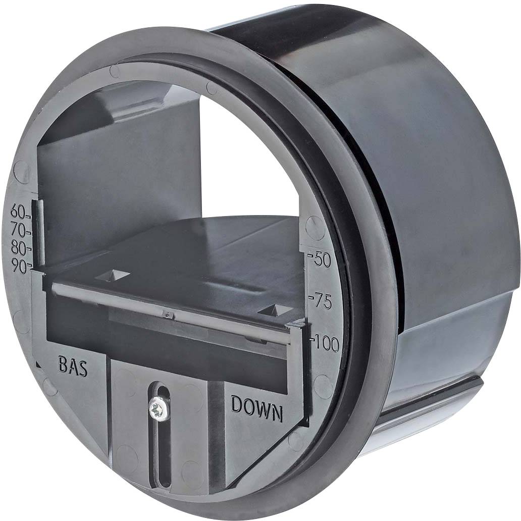 Ein schwarzes, zylindrisches Gerät mit Skala von 60 bis 100 und Markierungen 'BAS' und 'DOWN'. Es scheint ein technisches Bauteil zu sein.
